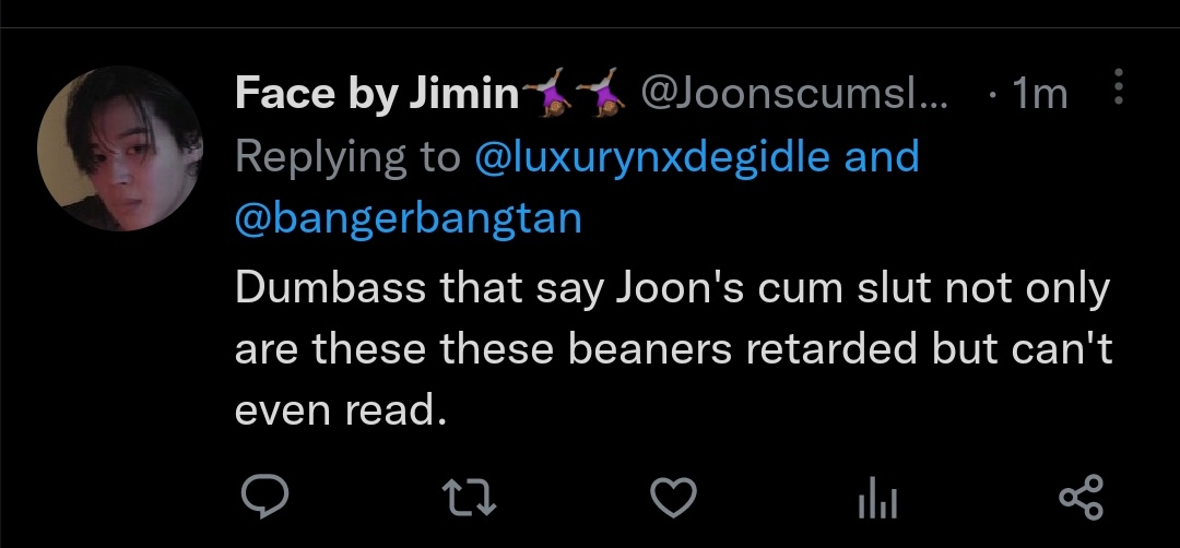 bangerbangtan's tweet photo. Everyone that follows me go report this account for saying slurs and calling me and @luxurynxdegidle the R word. And calling jungkook horrible names #BTS #Jimin_FACE #BTSARMY #BTSREPORT #BTSJIMIN #JIMIN #REPORTFORBTS #JUNGKOOK #V #JIN #SUGA #NAMJOON @jk_report @jungkookreport_ https://t.co/nkaQ3qYOlM