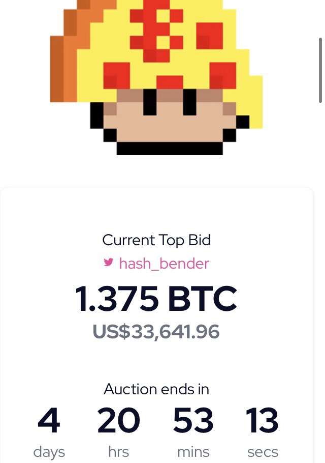 1.375 BTC ($33,641.96 USD) bid on the “Bitcoin Pizza Day Shroom” by <a href="/BitcoinShrooms/">BitcoinShrooms</a> with almost 5 days left on the auction 🤯 

Wake up, anon. Don’t sleep on them like they’re sleeping on my invite 🍄🍕🫠 

#Bitcoin #OrdinalNFT