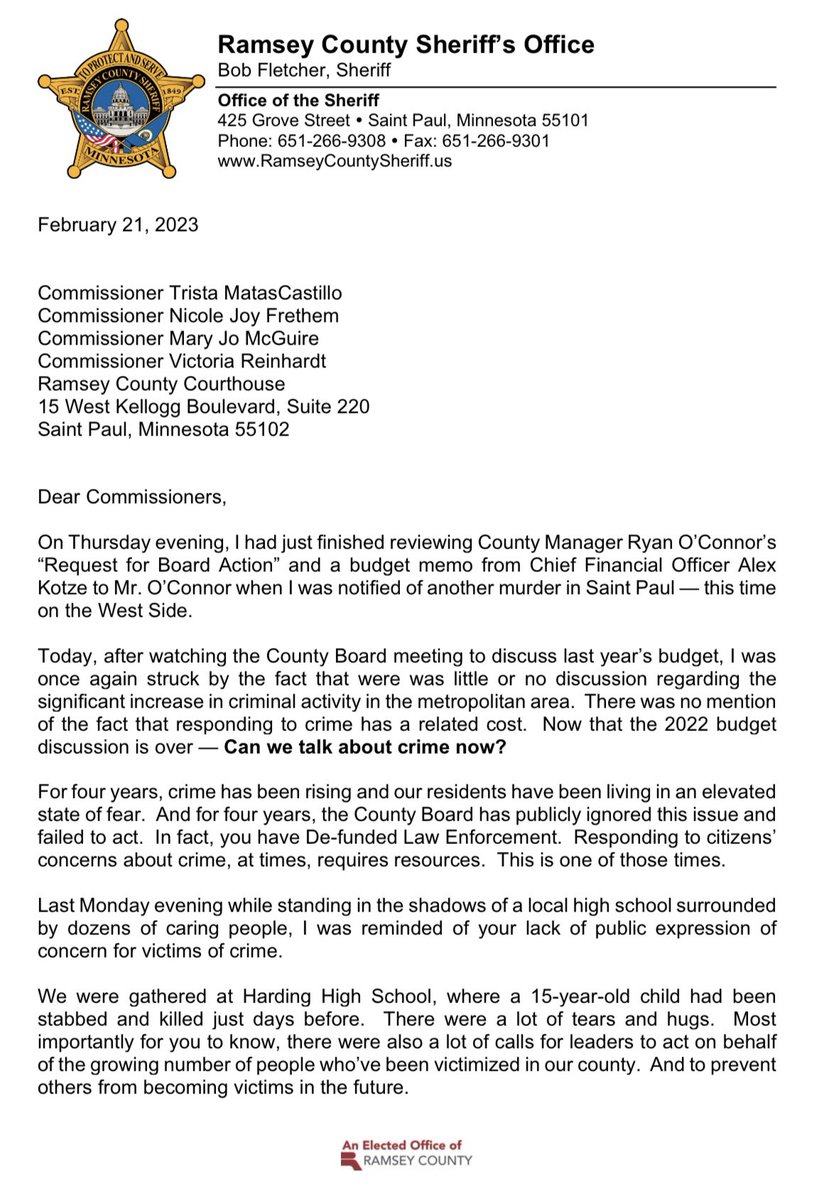 lizcollin's tweet photo. JUST IN: @RamseySheriff fires back at Ramsey County Commissioners for “failing to address the crime crisis in the county” after board votes to increase oversight of Sheriff Fletcher’s spending which he has “no objections” to. https://t.co/06xgi724dr
