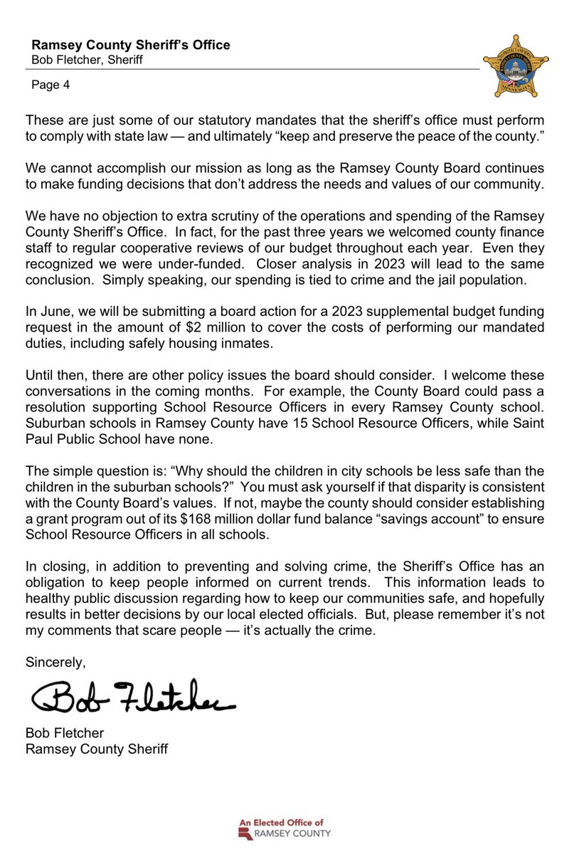 lizcollin's tweet photo. JUST IN: @RamseySheriff fires back at Ramsey County Commissioners for “failing to address the crime crisis in the county” after board votes to increase oversight of Sheriff Fletcher’s spending which he has “no objections” to. https://t.co/06xgi724dr