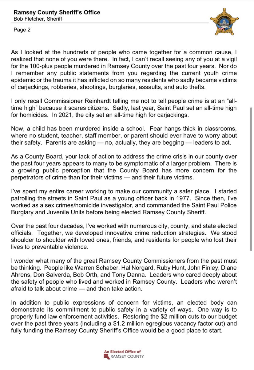 lizcollin's tweet photo. JUST IN: @RamseySheriff fires back at Ramsey County Commissioners for “failing to address the crime crisis in the county” after board votes to increase oversight of Sheriff Fletcher’s spending which he has “no objections” to. https://t.co/06xgi724dr