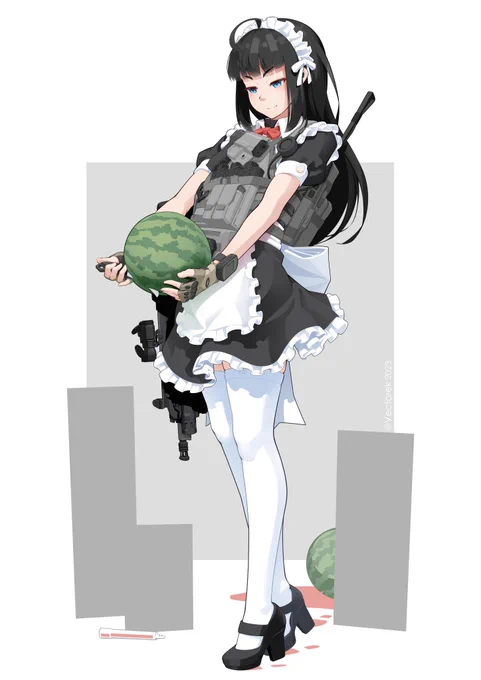The watermelon's sinking weight provides most of the force, not the maid's upper-arm strength.Drawing  's Juju 
