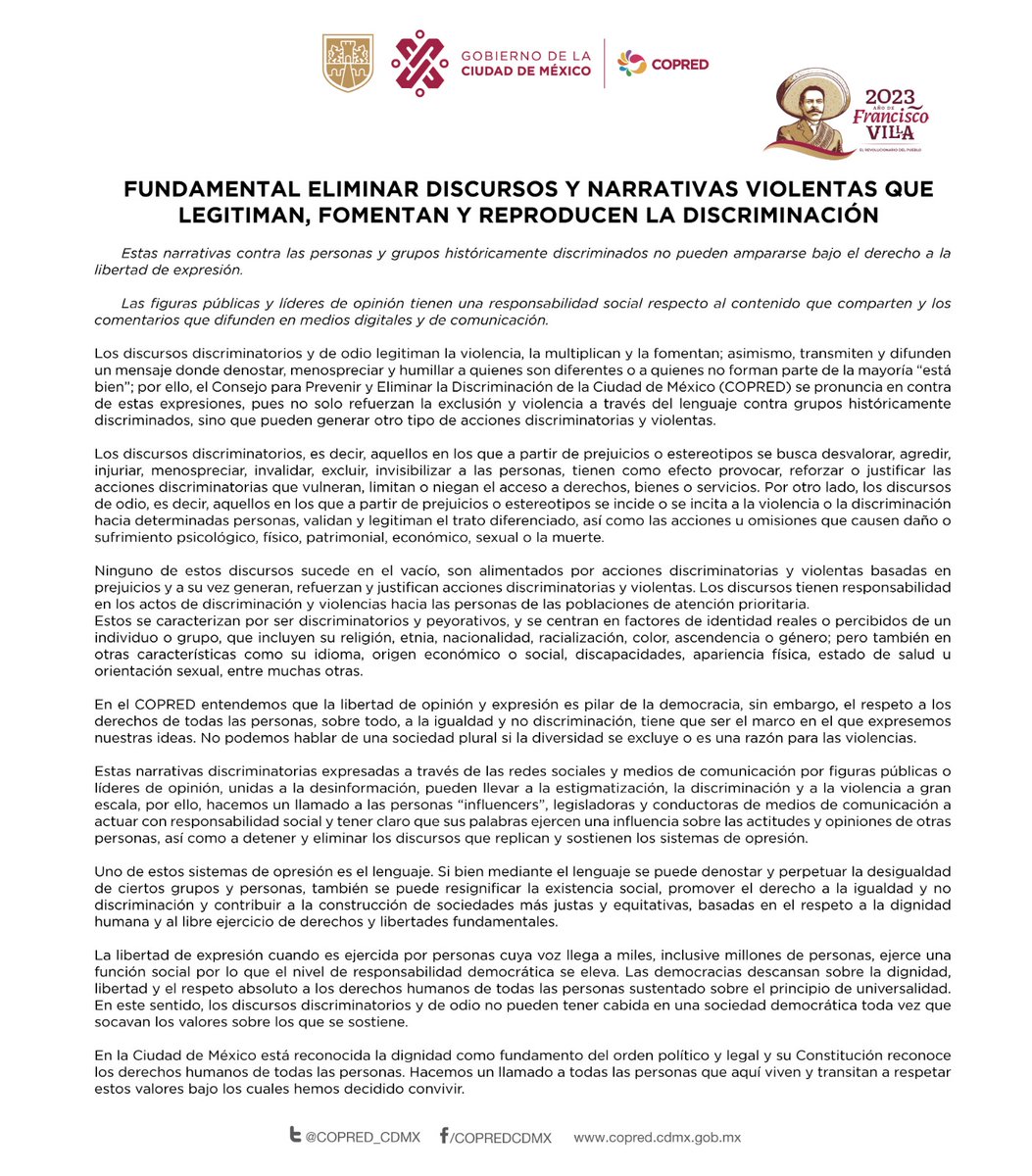 #Pronunciamiento 
Hacemos un llamado a personas legisladoras, “influencers” y conductoras de medios a actuar con responsabilidad social y tener claro que sus discursos discriminatorios refuerzan las violencias hacia poblaciones históricamente en situación de vulnerabilidad.