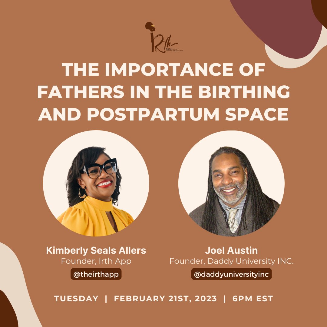 Irth (@irthapp) on Twitter photo Join us on Instagram live today for a discussion with Joel Austin of <a href="/Daddyuniv/">Daddy University Inc</a> about the importance of fathers in the birthing and postpartum space. ๐๐พ
We're talking Black male doulas, parenting + more! Bring your love & your comments to IG at 6pm est ๐คโ๐พ
#blackhistorymonth Join us on Instagram live today for a discussion with Joel Austin of <a href="/Daddyuniv/">Daddy University Inc</a> about the importance of fathers in the birthing and postpartum space. ๐๐พ
We're talking Black male doulas, parenting + more! Bring your love & your comments to IG at 6pm est ๐คโ๐พ
#blackhistorymonth