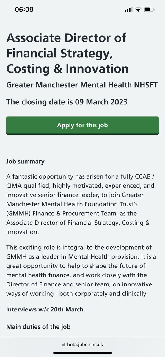 🌟WE ARE RECRUITING!🌟

ASSOCIATE DIRECTOR OF FINANCE - strategy, costing and innovation 

✅Do you want to work in a dynamic team 
✅To lead the development of new services and innovations 
✅Are you positive about developing staff and yourself 

Apply 👇🏼 <a href="/GMMH_NHS/">Greater Manchester Mental Health</a>