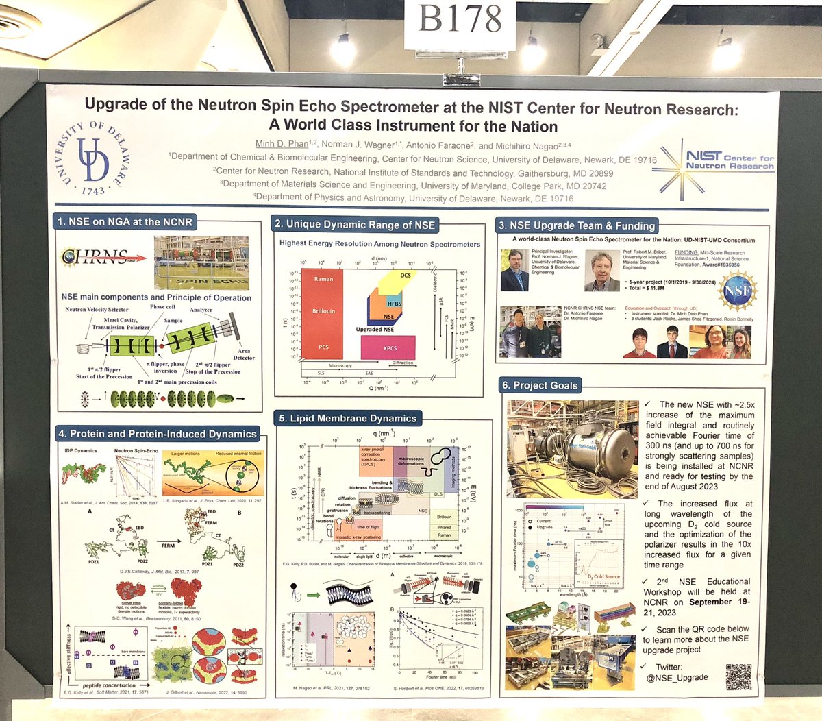 NSE_Upgrade's tweet photo. We have a poster at #bps23 today (2/17) informing the progress of our NSE Upgrade and how it helps probe the collective motions of membranes and dynamics of proteins in specific manners within sub-ns to 300ns timescale and sub-nm to tens of nm length scale windows. Check it out! https://t.co/5OCE09JSAe