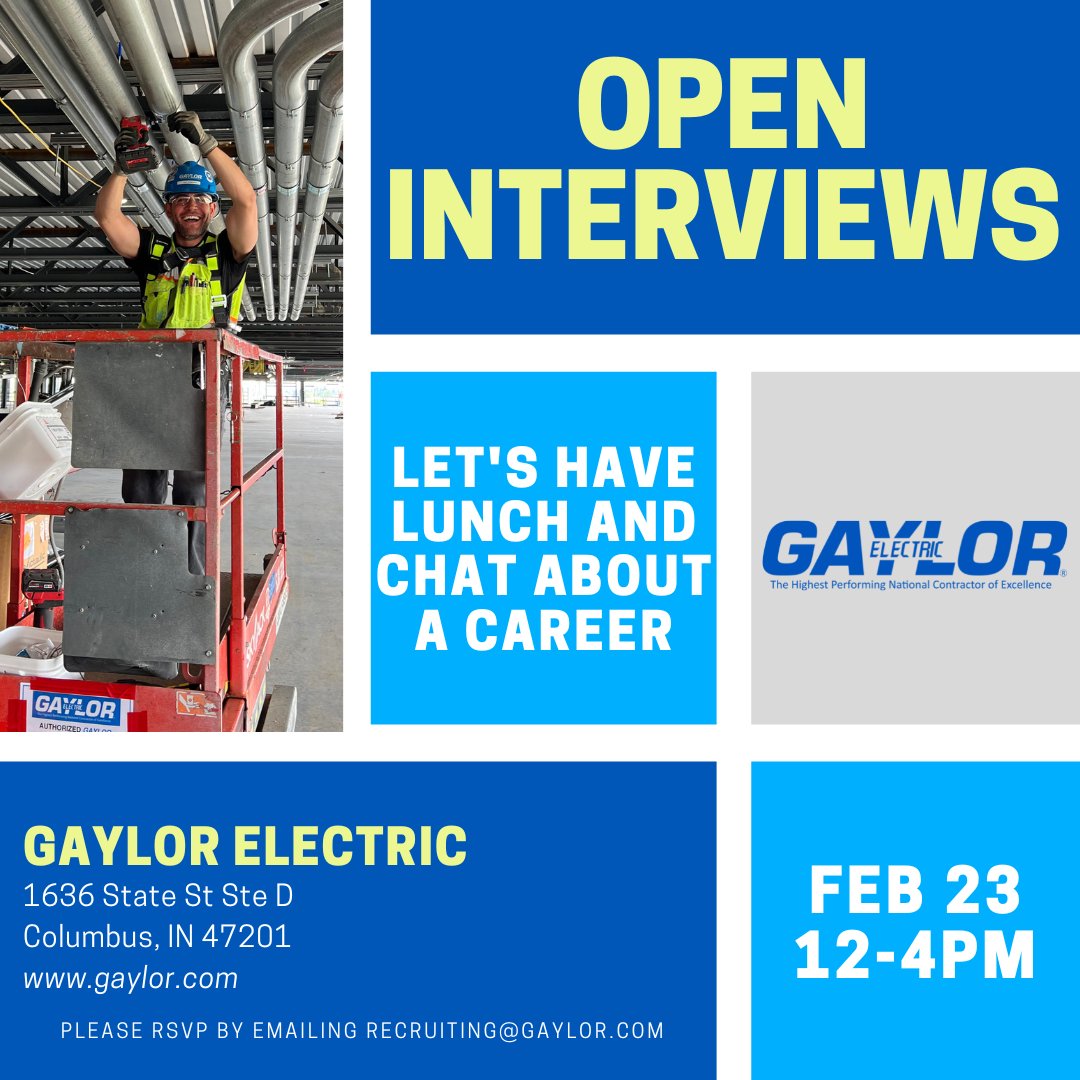 gaylorelectric's tweet image. Are you looking for an opportunity to discuss a career at Gaylor Electric? Our Columbus, IN, location is hosting open interviews this Friday, where you can enjoy lunch and learn more about what we have to offer. See you there! 

#Hiring #OpenInterviews #CareerOpportunity