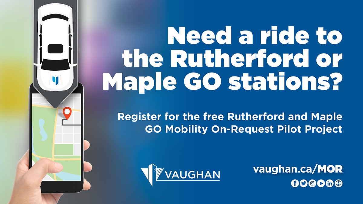 Vaughan commuters: want a lift? With the Mobility On-Request rideshare service, you can request a free pick-up or drop-off to or from the Rutherford &amp; Maple GO stations during morning &amp; afternoon weekday rush hours. View service areas &amp; join the program: vaughan.ca/MOR