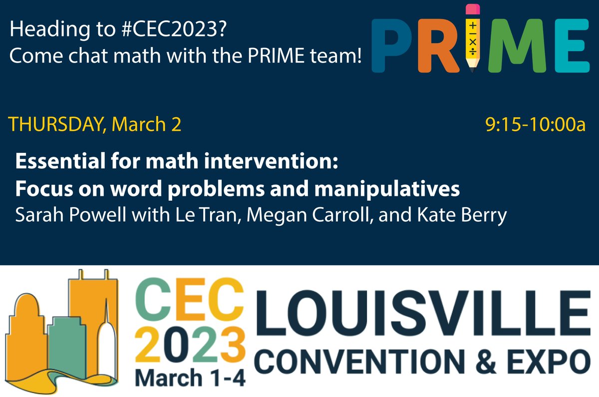 sarahpowellphd's tweet photo. Making your #CEC2023 schedule? Come talk with the #PRIMETeam! @LeTran_phd @MCPER_EDU @utexascoe https://t.co/0SHHcNaWgU