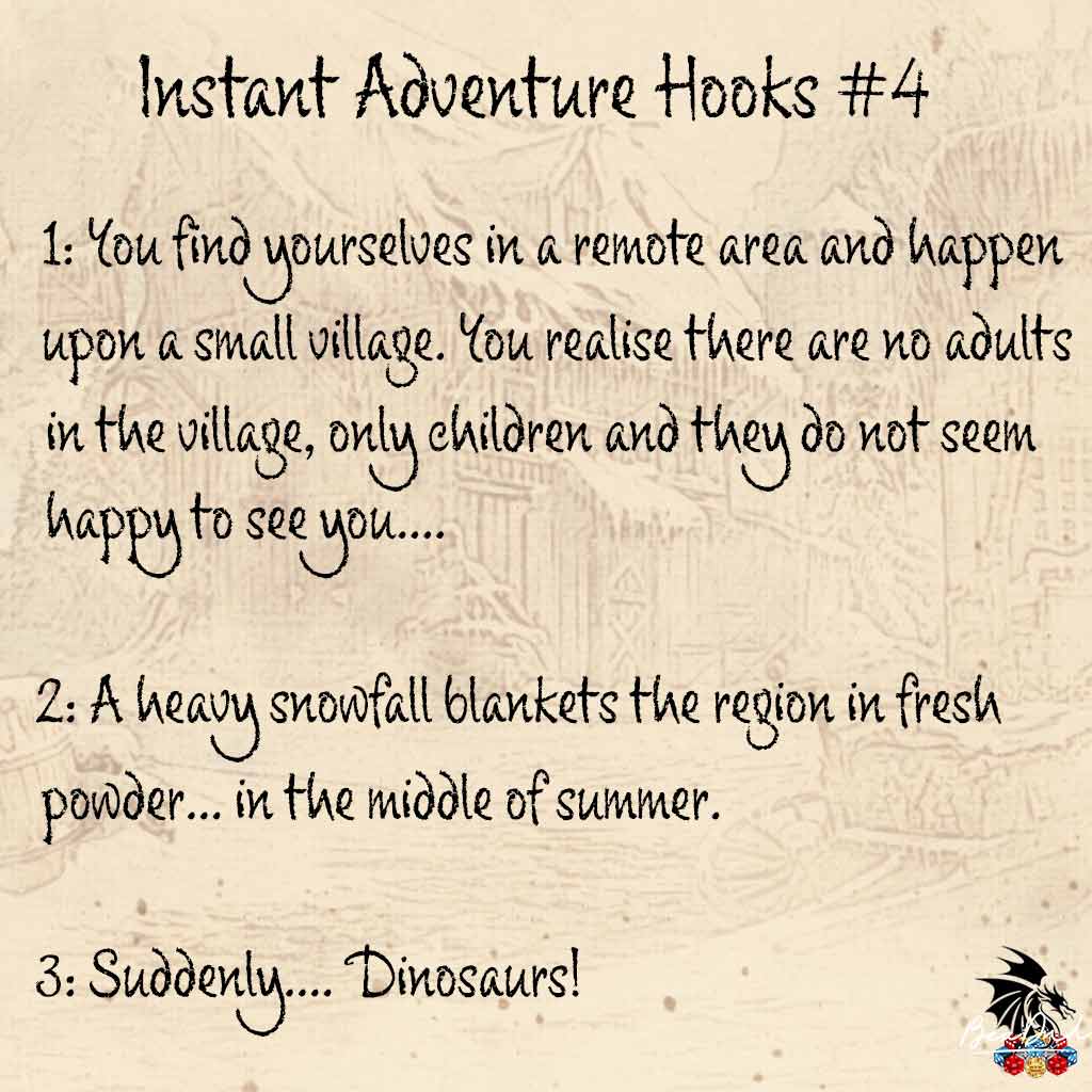 bea_dnd's tweet photo. Need a quick hook to get the party off on a mini adventure? Well, we have you covered!

From children's parties gone wrong, a cold blast in summer, to T-Rex's it's all go!

#BeaDnDGames #PlotHooks #DnD https://t.co/mYLB0d71wG