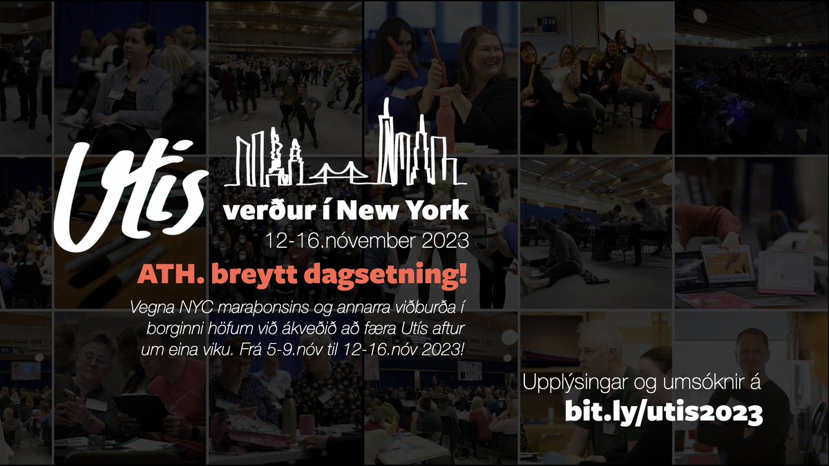 IngviHrannar's tweet photo. 🚨Breytt dagsetning🗓
Utís 2023 verður í NEW YORK 🗽 12-16.nóv. n.k. 😲🎉 Umsóknir eru opnar til 28.feb. Allar upplýsingar og umsóknareyðublað er að finna á https://t.co/UdsSETWmIm
Aðeins eru um 100 pláss í boði í þessa starfsþróunarveislu 🎂 #menntaspjall #utis2023 https://t.co/e5AthO8qaJ
