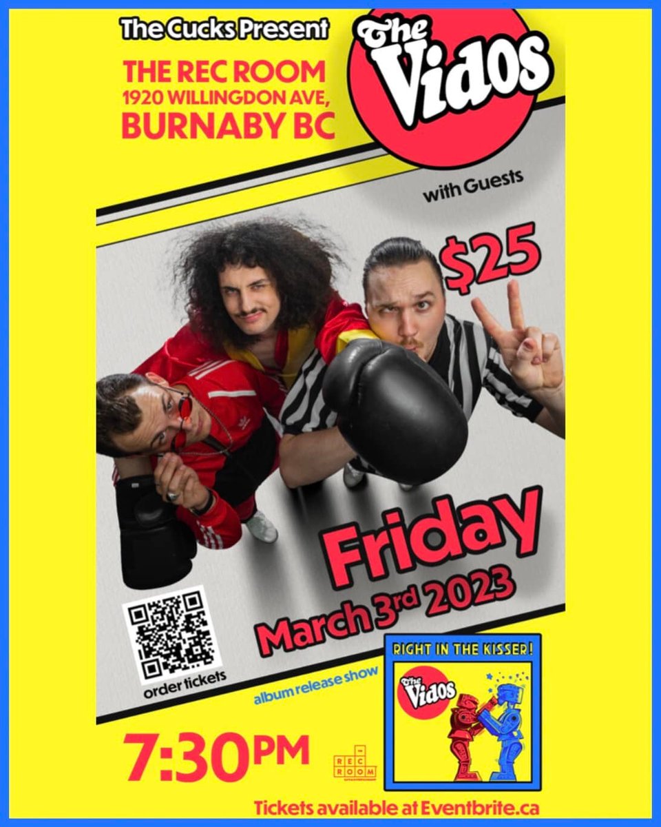 Join @TheVidosBand at The Rec Room #Brentwood to celebrate their official debut album release of ‘Right In The Kisser!’ 🎉 Get your tickets today at bit.ly/TheVidosRITKRe… 🎟️ #604Records #604LiveMusic #RockIsDeadRecords #TheVidos #TheRecRoom #RecRoomBurnaby #BrentwoodBurnaby