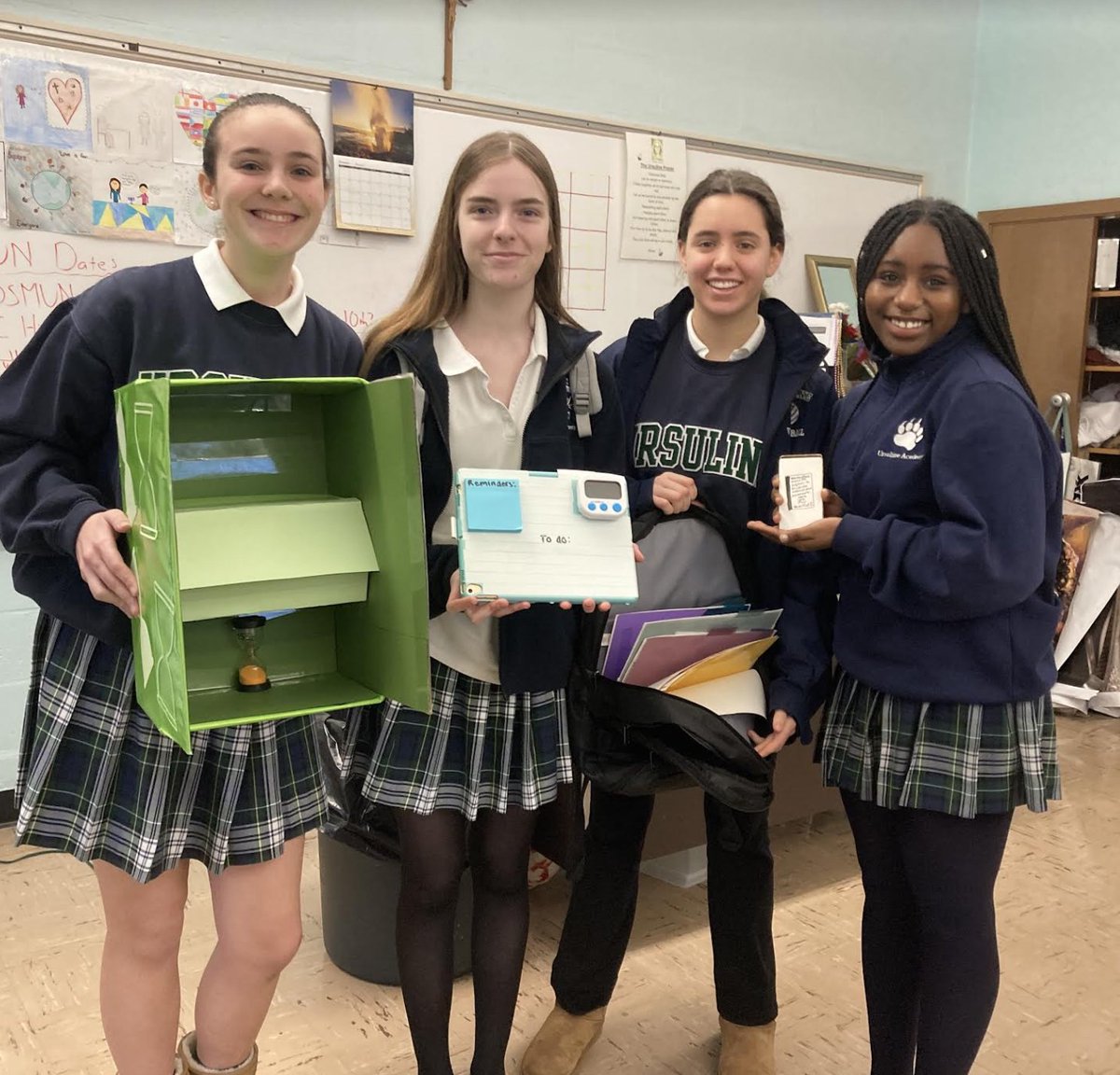 UrsulineAcademy's tweet photo. Last week, these 9th graders presented inventions that they created to
help other students stay organized. https://t.co/EYipfFktca
