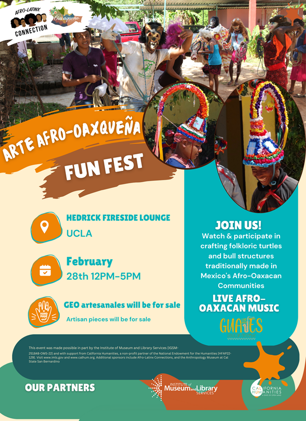 CA_Humanities's tweet image. 🎉 Join this upcoming free event on Feb. 28 @UCLA from #HumanitiesforAll grantee project “Afrolatine California,” which is amplifying silenced and overlooked Afrolatine stories and experiences across the state. Featuring Oaxacan music and traditional crafts, from 12:00-5:00 PM!