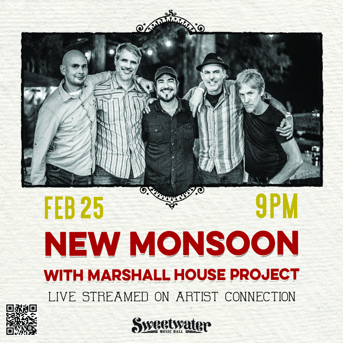 New Monsoon and the Marshall House Project are performing from the Sweetwater Music Hall this Friday at 9 pm! Come our live stream of the event on Artist Connection and enjoy the sounds of free-flying rock, acoustic stylings and tight vocal harmony. 

bit.ly/3kagIQj