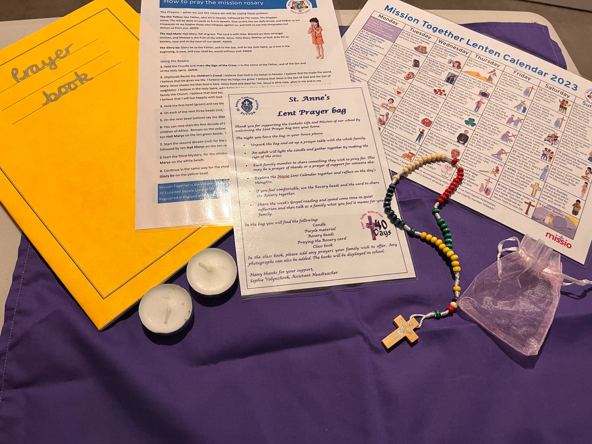 StAnnesRCSutton's tweet photo. This Lent our families will have the opportunity to welcome a 'Prayer bag' into their homes to share some wonderful resources from @MissioUK . We thank them for their kind donation of Mission Rosaries for each class. #Lent2023 #ArchdioceseofLiverpool #Catholiceducation #Blessed https://t.co/ptwh2F88JY