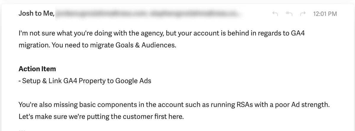 <a href="/GinnyMarvin/">Ginny Marvin</a>  Why do we have to deal with Google Ads reps like this?

The rep forgot to remove me from CC before he emailed our client that we weren't doing a good job.

I have written him multiple times very kindly informing him that his services aren't needed.

#ppcchat