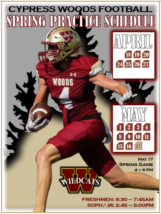 CyWoodsFB212's tweet photo. CYPRESS WOODS SPRING PRACTICE SCHEDULE!!!
We look forward to seeing college recruiters from across the country as they come to the Woods to evaluate our players. https://t.co/RXdBbdiCyg