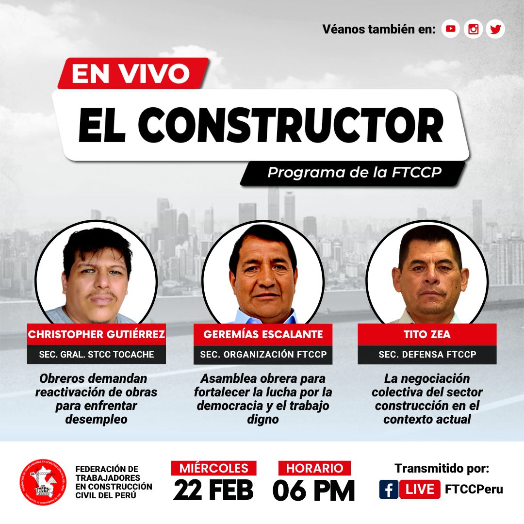 FTCCP's tweet photo. Vea y difunda la transmisión en vivo de 𝗘𝗟 𝗖𝗢𝗡𝗦𝗧𝗥𝗨𝗖𝗧𝗢𝗥, programa informativo de la FTCCP.
#Constructor #Ftccp #Cgtp #Construcción #ConstrucciónCivil #ElConstructor #Construcciones https://t.co/GAPvpvDzKm