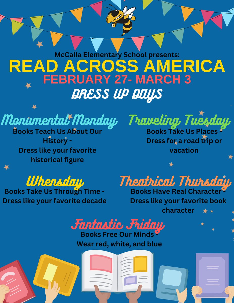 mccalla_elem's tweet image. Celebrate Read Across America Week next week! Here is our line-up of dress-up days.