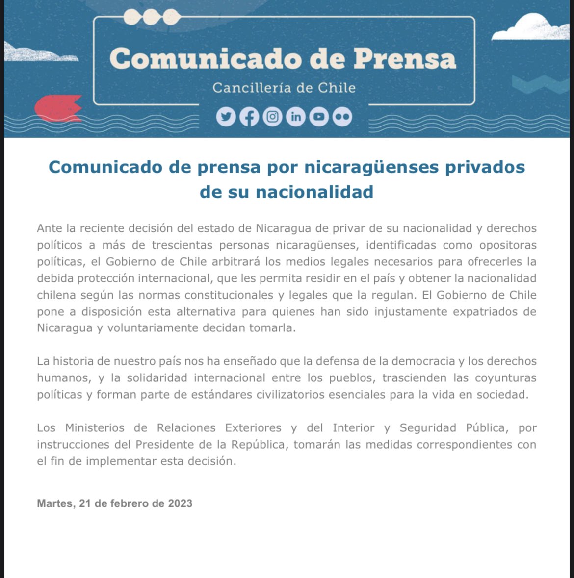 #Urgente 🔴| El gobierno de Chile, de <a href="/GabrielBoric/">Gabriel Boric Font</a>, pondrá a disposición de los apátridas nicas “la nacionalidad chilena según las normas constitucionales y legales que la regulan”