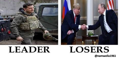 namwella1961's tweet photo. Remember when Trump told Sgt. Johnson's widow he knew what he was signing up for?

When he insulted a Gold Star family?
When he called vets suckers &amp; losers?

Zelenskyy is the hero &amp; military leader that Trump is incapable of being!
#ProudBlue #UkraineWillWin #PutinIsaWarCriminal https://t.co/PNxd7I4t5Y