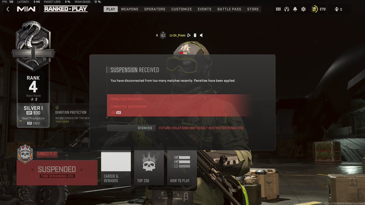 MePreminator's tweet photo. Thank you @CallofDuty, due to your game crashing I received a penalty, too many matches? Only 1 so far cuz the game can't run properly. Fix this issue please asap. https://t.co/1jcvmQGYxv