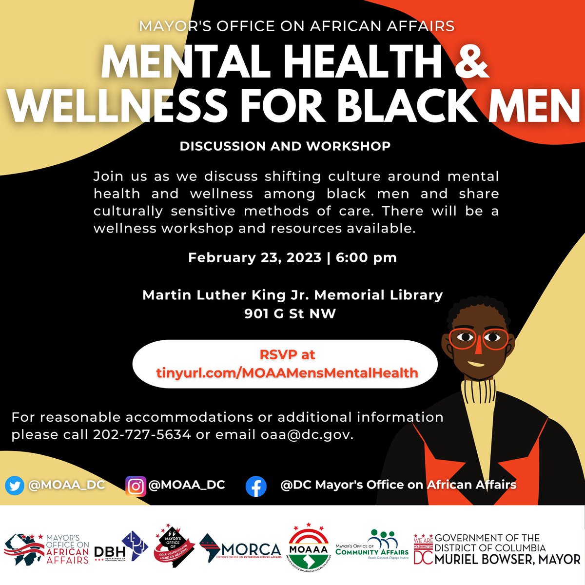 MOAA_DC's tweet photo. Join #TeamMOAA this Thursday as we discuss shifting culture around mental health and wellness amongst Black men. There will be a workshop and resources.
📅 Thursday, February 23 | 6:00 pm
📍MLK Library | 901 G St NW
RSVP at https://t.co/c4hQuR8CKs
#DCValues https://t.co/1nXwv8ZJOv