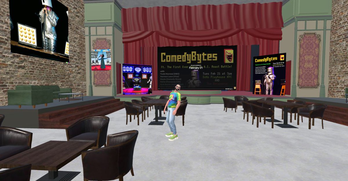 W3BSTOCK's tweet photo. If you aren't in New York City or just can't make it out tonight, you can watch our entire #ComedyBytes web3 comedy show live in our @Spatial_io Metaverse Comedy Club!!! Dig it ... https://t.co/l8Xx5w8ozw https://t.co/Egh52moyro