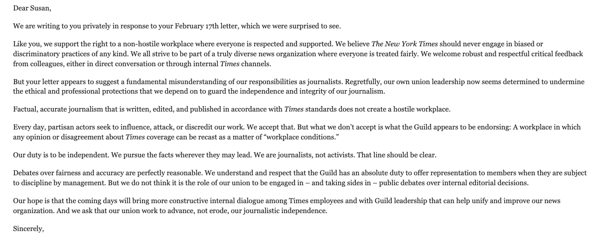 charlottetklein's tweet photo. Here's the full letter to NewsGuild of NY president Susan DeCarava; the effort was organized by @jwpetersNYT https://t.co/FCNTj1Vf1r