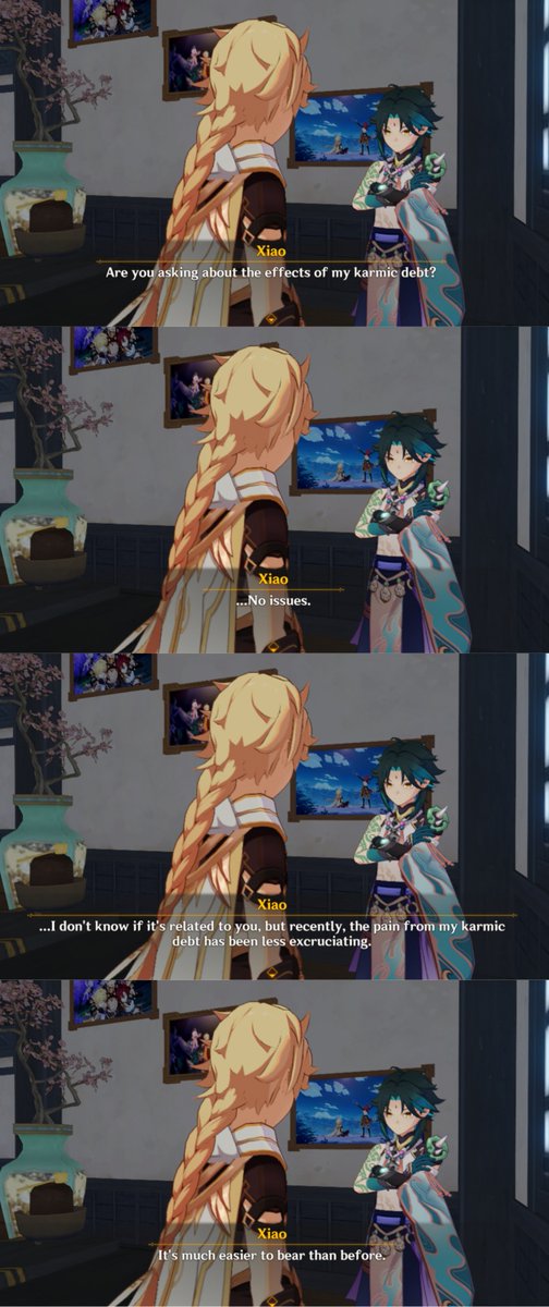 AlatusAether's tweet photo. @yun11399 Hi 😊 when Pervases says in Xiao's story quest, that he can sense Xiao's aura on Aether is pretty much indicating that it isn't affecting Aether in a bad way since we never saw ae suffering from it. Also in the teapot, Xiao is indicating that Ae has a 'healing effect' https://t.co/Pm5wPO30Sv