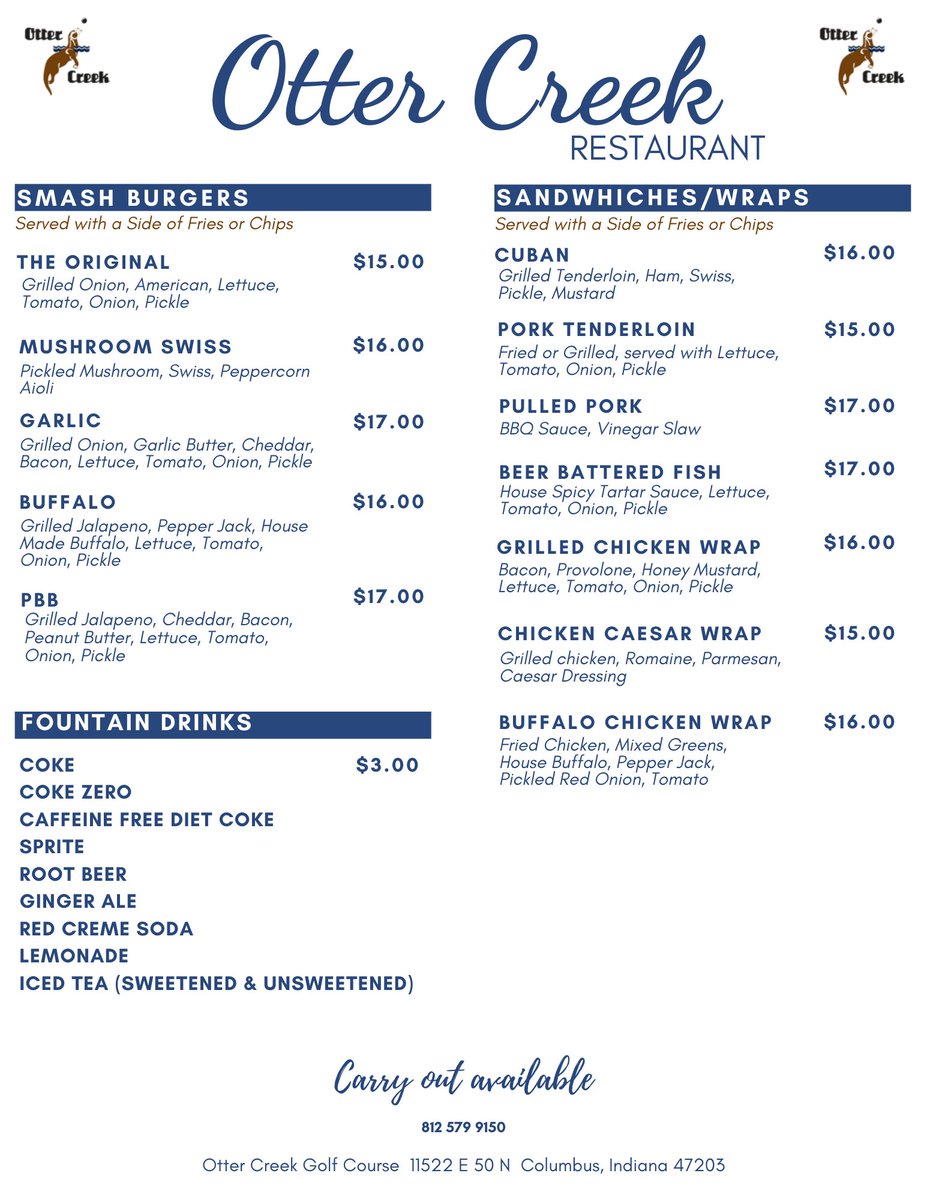 **2023 Dining Menu**

Current Hours:
Monday -> Closed
Tuesday -> 4PM-8PM (Pizza Night, starting Feb 28th)
Wednesday-Sunday -> 11AM-7PM