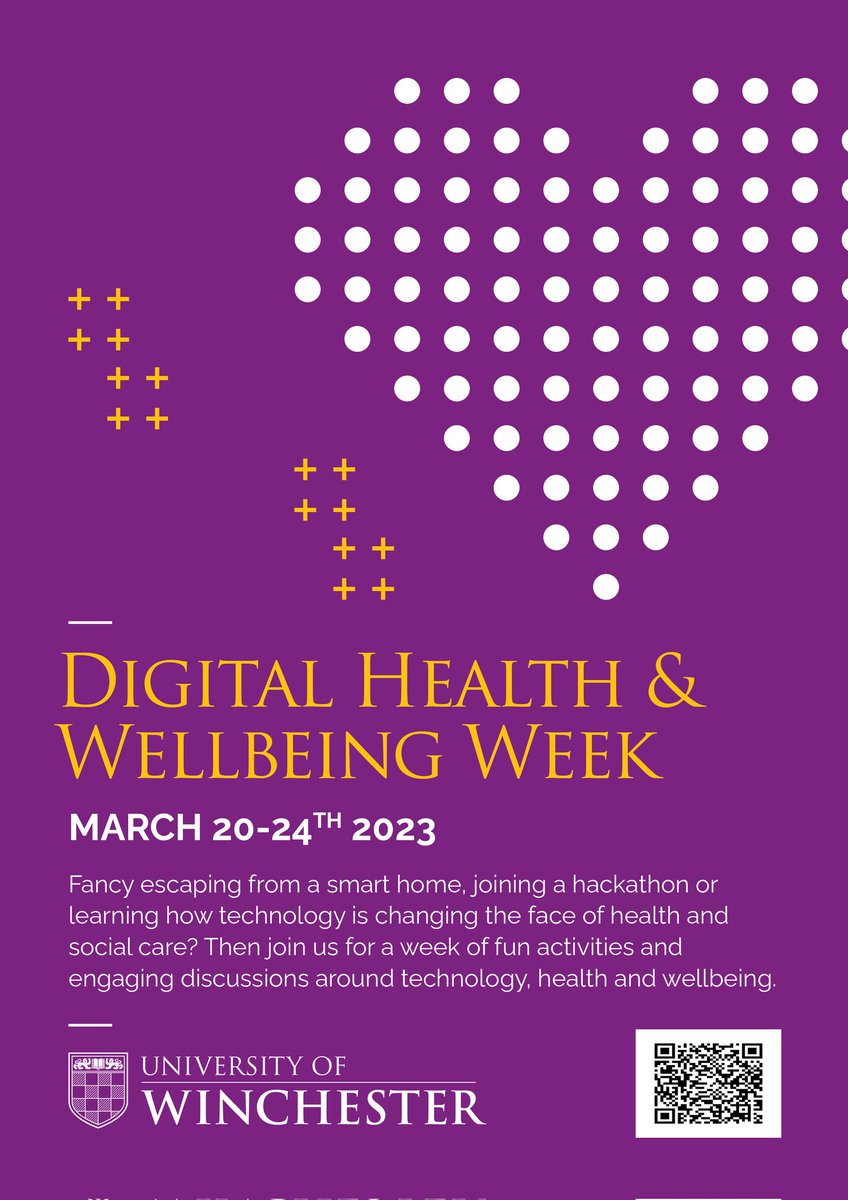 Booking now open for Digital Health and Wellbeing Week at <a href="/_UoW/">University of Winchester</a> 20th-24th March 2023.

Join us for an exciting programme of free online &amp; f2f talks, events and activities exploring #DigitalHealth and #DigitalWellbeing

Use link below to book:
eventbrite.co.uk/e/digital-heal…