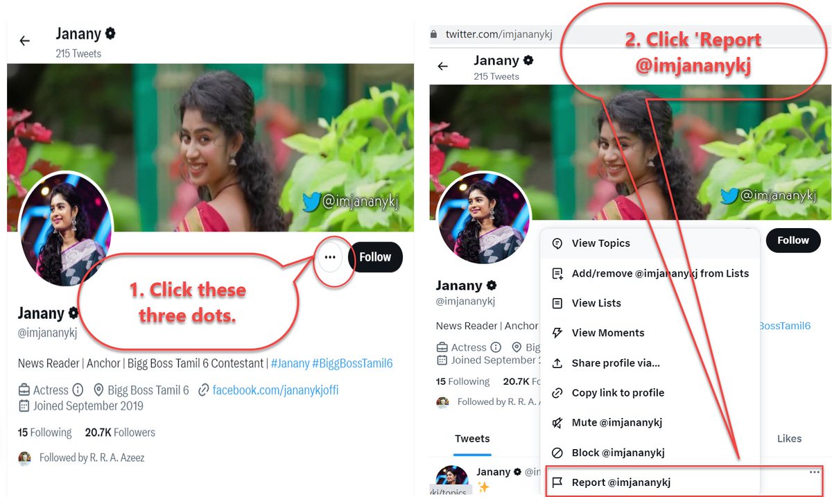 MRE59007's tweet photo. @imjananykj @tnpoliceoffl @tncybercrimeoff @Cybercellindia @JananyKunaseel1 As a first step, police complaint and cyber cell complaint filed against FAKE ID @imjananykj.

Meanwhile all #Janany followers please report to twitter today, by following the attached steps in the screenshot to report FAKE ID @imjananykj to twitter. 
#JananyArmy #BiggBossTamil https://t.co/bIIc68gxHp