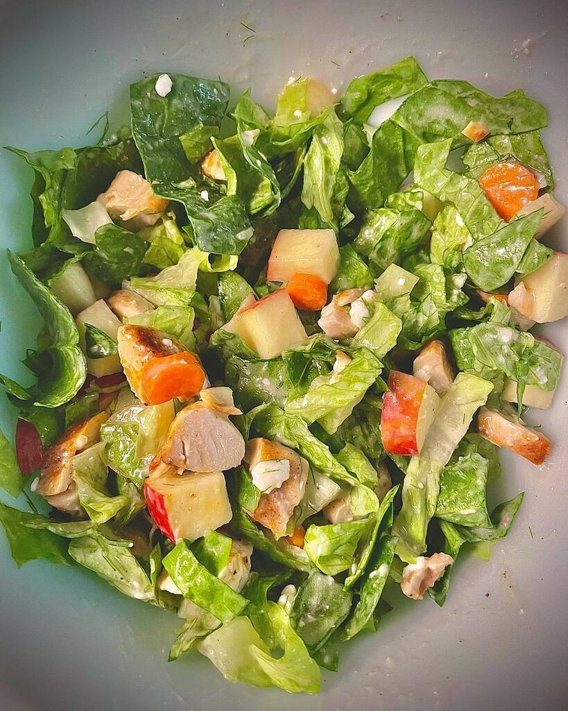 roasted chicken  romaine  spinach  sliced carrots  chopped apples  feta  dill yogurt dressing  olive oil  sea salt  ground black pepper  orange and grapefruit zest #organic #organicfood #organiccooking #homecooking #homecook #cookathome #food #salads #fr… instagr.am/p/Co77Xrwp2z6/