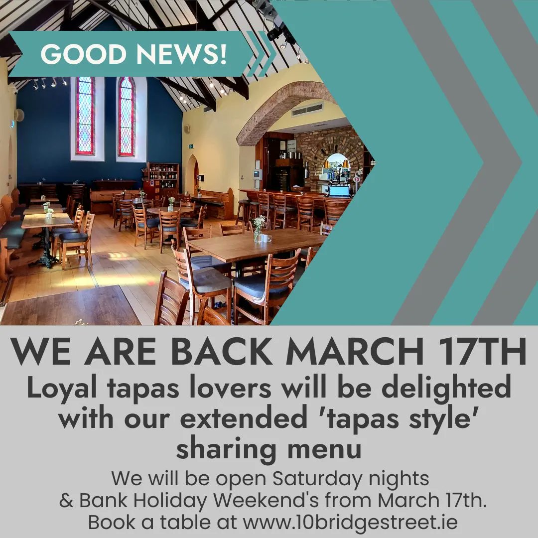 We are back from March 17th!

Loyal tapas lovers will be delighted with our extended 'tapas style' sharing menu.

We will be open Saturdays &amp; Bank Holiday Weekends from 17th March with extended hours coming closer to the summer.

You can now book online at www.10bridgestreet…