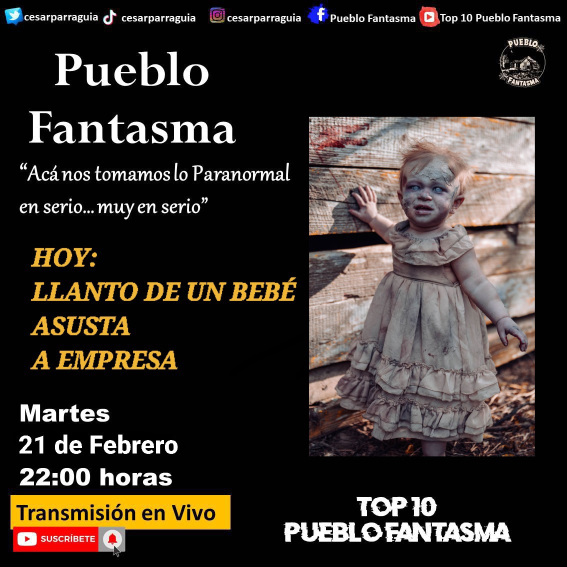 CesarParraGuia's tweet photo. Esta noche no puedes faltar a un nuevo capítulo de Pueblo Fantasma. Desde las 22:00 horas te esperamos.
@CesarParraGuia @KenerLooR @francoinostroza @fm20855 @ChicaPattyTwT @penguinlibroscl
#terror #PuebloFantasma #paranormal #historiasdeterror #cesarparra #ghost https://t.co/eGHMPxQgqz