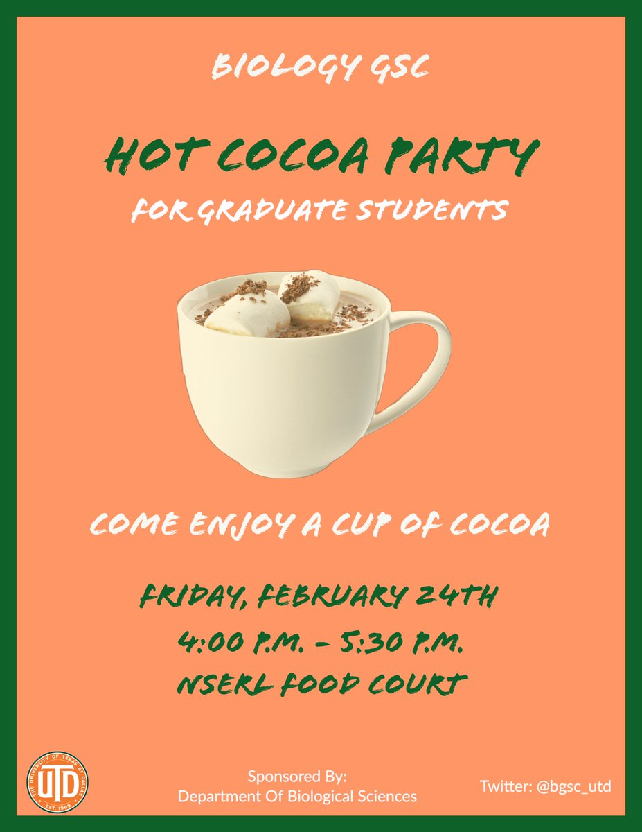 Dear grad students come hang out with us for a hot cocoa party this Friday! See the flyer below for event details.
