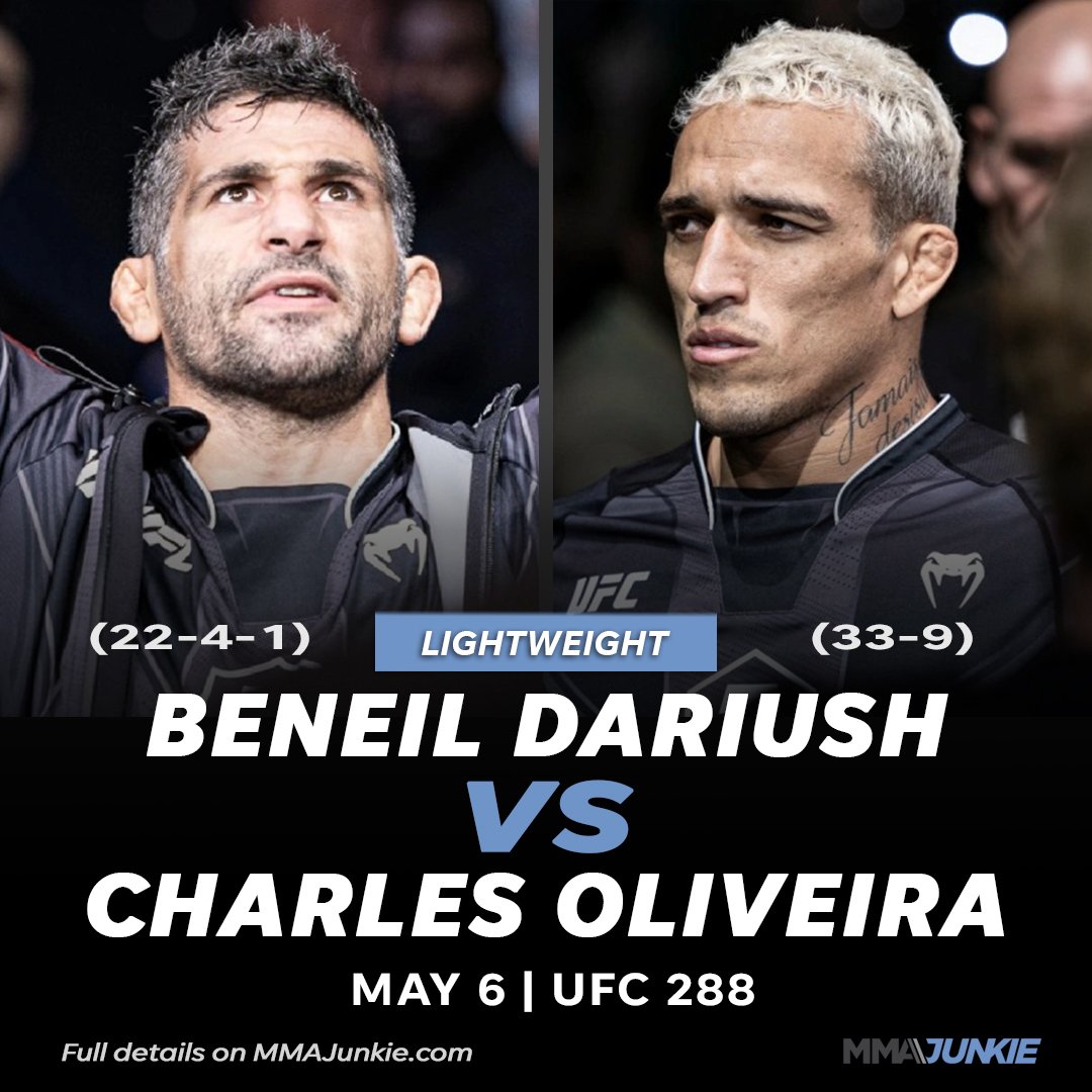 MMAJunkie's tweet photo. HUGE fight at lightweight.

Former champ Charles Oliveira takes on top contender Beneil Dariush at #UFC288. 👊

Full details: https://t.co/zw4JkuBs2G https://t.co/CVsyg6Dcqf