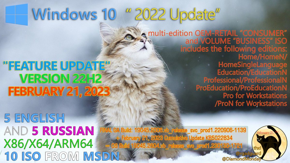 WZorNET's tweet photo. 😻📢Windows 10 Version #22H2, (#UpdatedFebruary2023)👉https://t.co/ERudbVpijc
📋OS Build OS Build 19045.2604.vb_release_svc_prod1.230130-1721 with #KB5022834
📁5-ENGLISH|5-RUSSIAN, X86/X64/ARM64, #CONSUMER/#BUSINESS/ from #MSDN 10-ISO👉https://t.co/9jp1e9aKdf
👨💻@rgadguard
👁️WZT🪄 https://t.co/Xz2xPbFODw