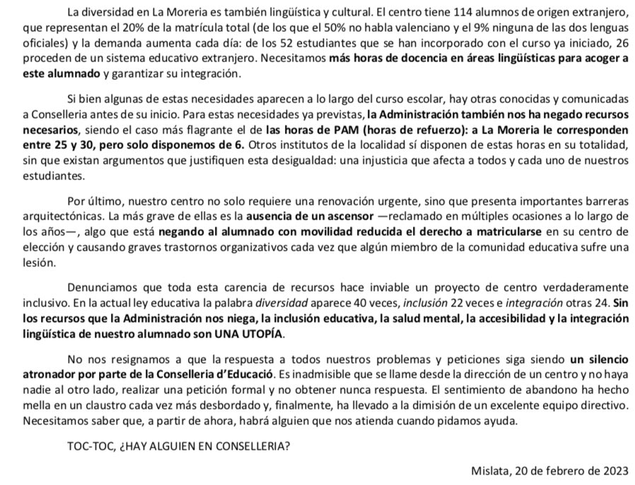 jrfercuen's tweet image. Como dije el otro día: la administración educativa defiende la inclusión, pero solo de boquilla. La regulan mediante decretos, pero luego los recursos… ¡ah!, apáñense con lo que tienen. Y en el IES La Moreria de Mislata faltan muchos recursos. Así es imposible, @GVAeducacio