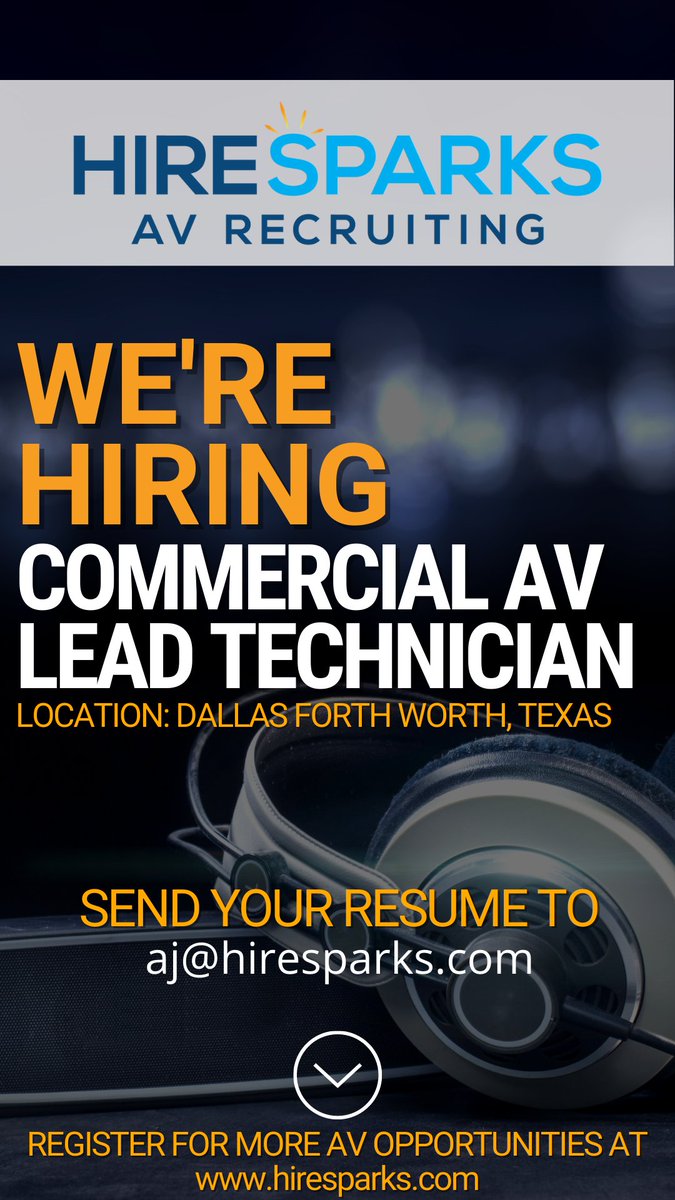 hiresparksAV's tweet image. WE&apos;RE HIRING*** Audio Visual Lead Technician in the Dallas - Fort Worth TX Area. Send your resume to aj@hiresparks.com or register at this link bit.ly/findavjobs

#audiovisual #av #leadtech #leadtechnician #lead #install #hiring #hiresparks #jobs #avtweeps #proa