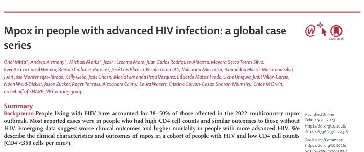 Andrea Alemany (@andreaalemany3) on Twitter photo The results of our global case series on mpox in people with advanced HIV infection have been published in <a href="/TheLancet/">The Lancet</a> bit.ly/3Zd3Wzm The results of our global case series on mpox in people with advanced HIV infection have been published in <a href="/TheLancet/">The Lancet</a> bit.ly/3Zd3Wzm