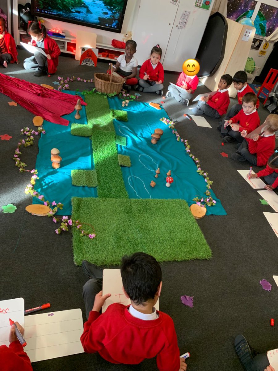 NewParkPrimary's tweet photo. We came in today to find a forest in our classroom! Footprints led to a door, there was a basket and a red cloak. I wonder what our new story could be? 🤔 🔍 RM wrote some amazing predictions! #NP_English #NP_RM https://t.co/TkAPsQPu87