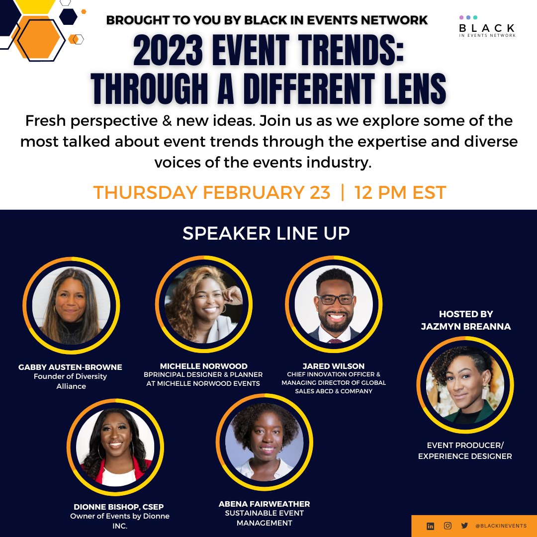 Our Next Webinar "2023 Event Trends: Through A Different Lens" Happening Thursday, February 23rd at noon EST. 

Join us as we explore some of the most talked about event trends through the expertise and diverse voices of the events industry.  

eventbrite.com/e/2023-event-t…
