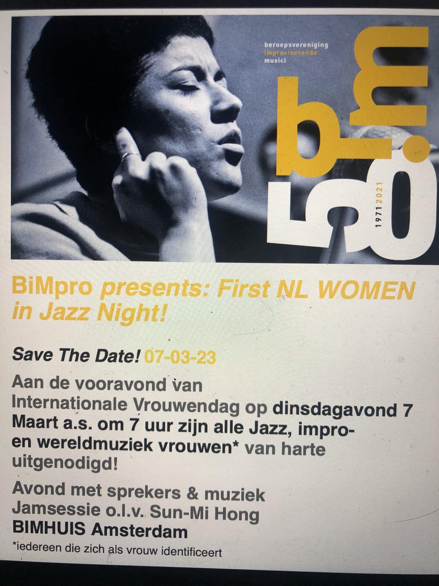 bim_impro's tweet photo. Waar zijn de Nederlandse Jazz Vrouwen? Aanmelden kan via gastenlijst, mailto: fleurine@bimpro.nl
Graag jullie reacties! vinden jullie dit leuk? Waardevol ? Belangrijk of onnodig? Instrumentalisten, zangeressen docenten studenten journalisten jazzpromotors: wees welkom! https://t.co/4PTRoJLen7