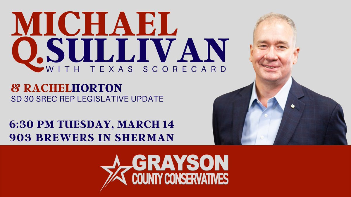 GraysonConserv's tweet photo. Tuesday, March 14!!

You won’t want to miss GCC’s legislative report with THE @MQSullivan from @TexasScorecard and @HortonHearsTx, Grayson’s own SREC rep!

Check out the latest in the TX legislative session and learn what YOU can get conservative legislation passed in TX
#SaveTX https://t.co/6IA4DCeiVN