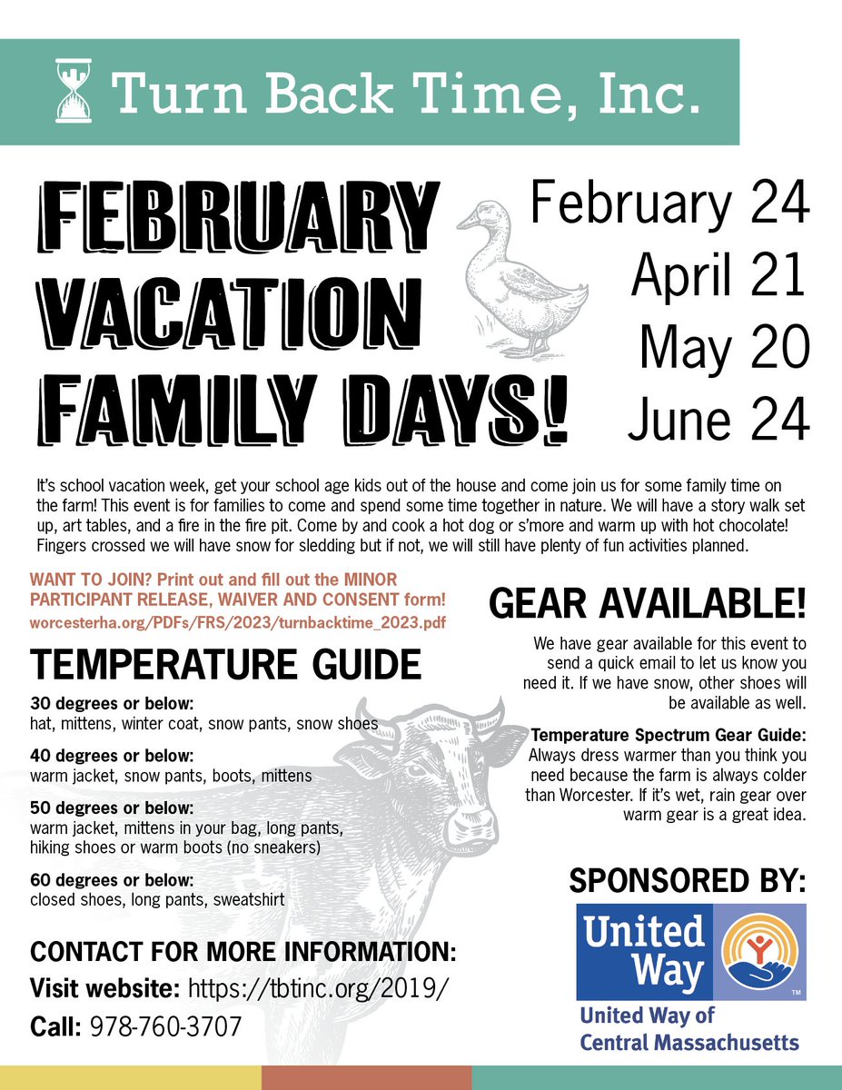 WHAuthority's tweet photo. Check out the flyer for Turn Back Time, Inc.'s February Vacation Family Days events coming up! 🐓🐄
#WHA #worcesterhousing #worcesterma #LifeAtWHA #DailyWHA https://t.co/fE6zFWzTGi