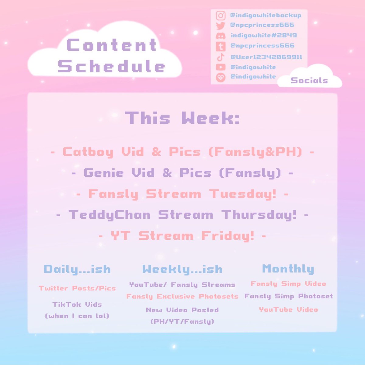npcprincess666's tweet photo. ☁️ Content Schedule This Week 💕
Website: https://t.co/vR0CN2leQv
Tiktok: https://t.co/Jihiz8Ct4s
Insta: https://t.co/li65sSZgYY
Pornhub: https://t.co/KrRdVzanGE
YouTube: https://t.co/k9Ialc6Pdi
Fansly: https://t.co/Bb5ky7ZfcJ
Tumblr: https://t.co/5SbL2k8j2x https://t.co/9RVwq5RApz