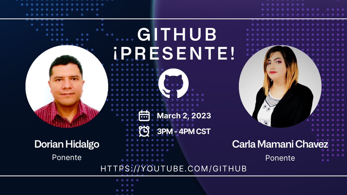 📢¡Hola Comunidad!🐙
Acompáñanos en un nuevo episodio de #GitHub ¡Presente! en Español.👋

Esta vez tendremos el honor de presentar 2 ponentes que nos traen dos charlas super interesantes.✨🚀

🗓️ Jueves, 2 de Marzo
⏰ 4:00 PM ET 
💻 En línea

Inscríbete👇
meetup.com/githublatam/ev…